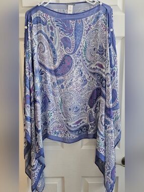 J Jill S/L Paisley Shawl Scarf Blue Purple Buttons Sheer Designer Carrer